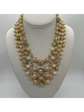 4-Strand Japan Necklace Pink Swirl Beads Glass Acrylic Gold-Tone 1950s Vintage